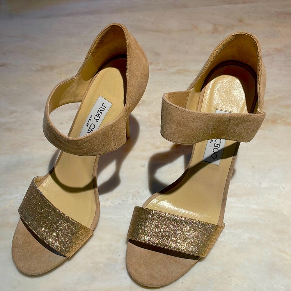 Jimmy Choo, beige suede gold tallow sandals heels pumps. Size 40